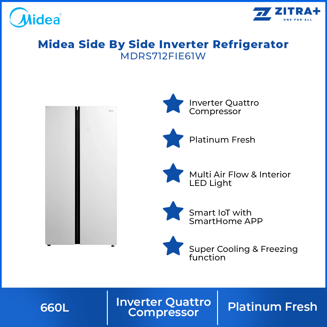 Midea 660L Side By Side Inverter Refrigerator MDRS712FIE61W | Inverter Quattro Compressor | Platinum Fresh | Multi Air Flow