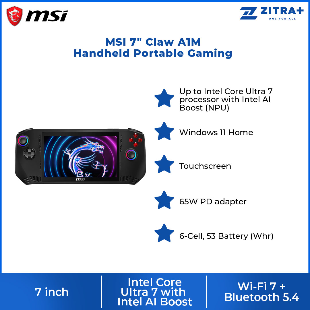 MSI 7" Claw A1M Handheld Portable Gaming | Windows 11 Home | 65W PD Adapter | Wi-Fi 7 + Bluetooth 5.4 | Up to Intel Core Ultra 7 Processor with Intel AI Boost (NPU) | Portable Gaming with 1 Year Warranty