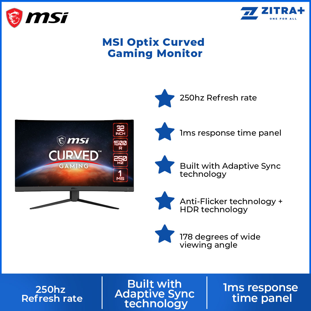 MSI Optix Curved Gaming Monitor G32C4X 31.5-inch | 250hz Refresh rate | 178 degrees of wide viewing angle | HDR technology | with 3 Years Warranty