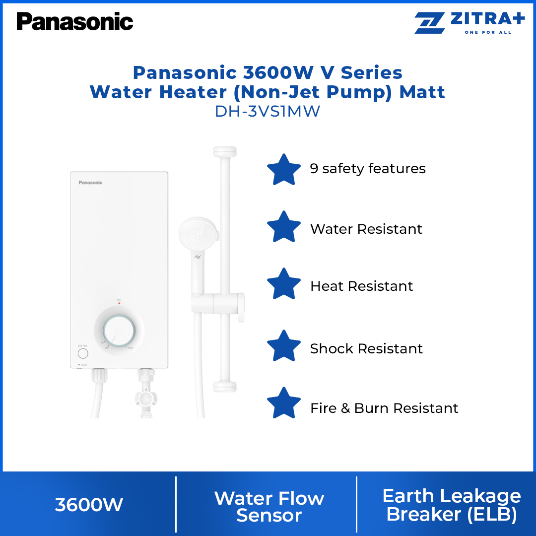 Panasonic 3600W V Series Water Heater (Non-Jet Pump) Matt DH-3VS1MW | 9 safety features | Water Resistant | Water Flow Sensor