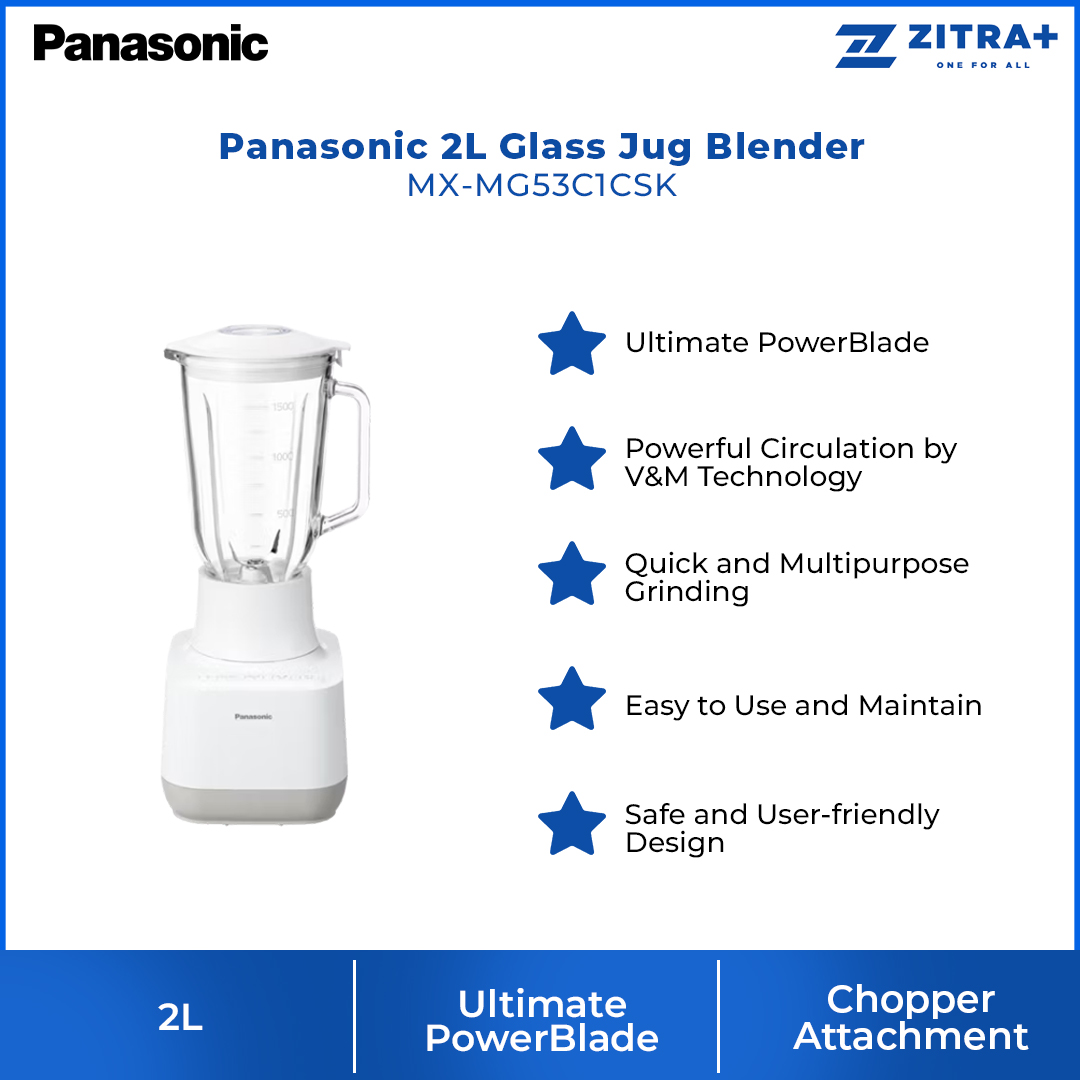 Panasonic 2L Glass Jug Blender MX-MG53C1CSK | Ultimate PowerBlade | Chopper Attachment | Multipurpose Grinding