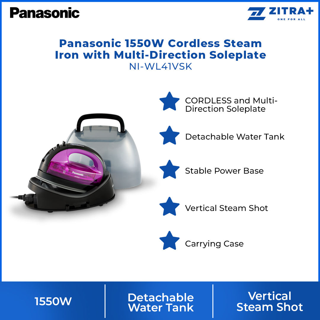 Panasonic 1550W Cordless Steam Iron with Multi-Direction Soleplate NI-WL41VSK | Detachable Water Tank | Vertical Steam Shot | Carrying Case