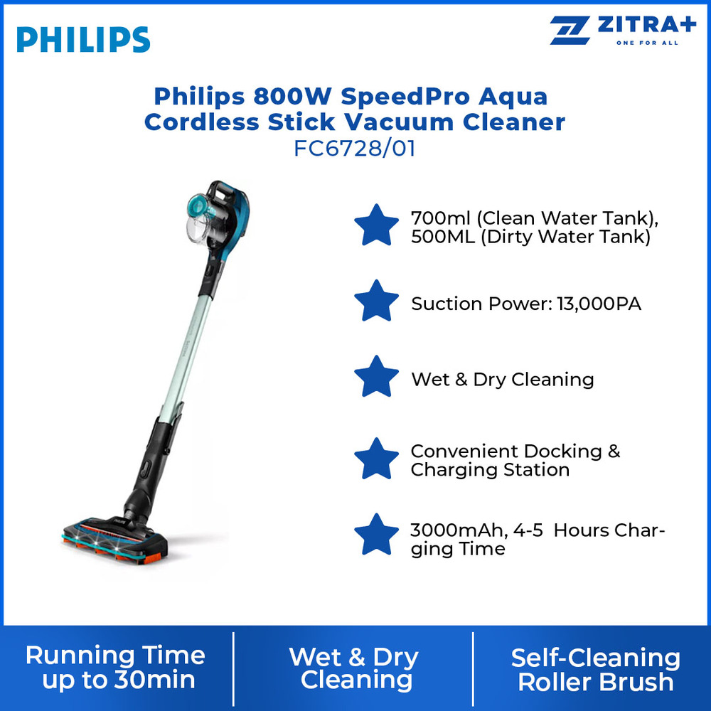 Philips 800W SpeedPro Aqua Cordless Stick Vacuum Cleaner FC6728/01 | 180° Suction Nozzle | Power Cyclone 7 | LED Nozzle | Aqua Boost | Up to 50 minutes Runtime | Vacuum Cleaner with 1 Year Warranty