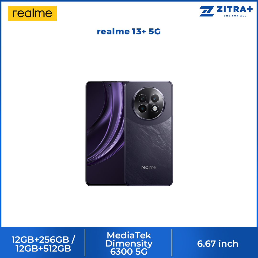 realme 13+ 5G 12GB+256GB/ 12GB+512GB | Android 14, Realme UI 5.0 | MediaTek Dimensity 6300 5G | 5000mAh, 80W Ultra Charge