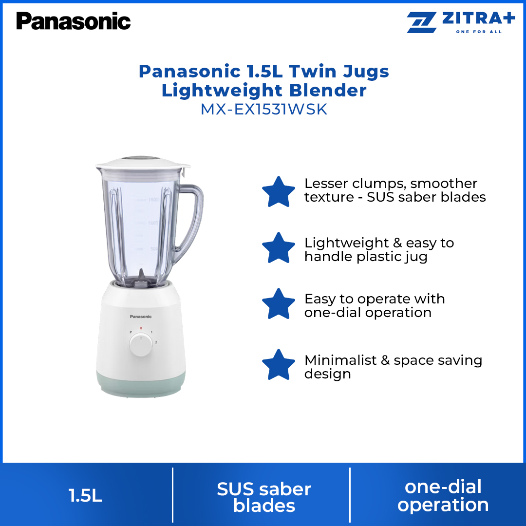 Panasonic 1.5L Twin Jugs Lightweight Blender MX-EX1531WSK | Lesser Clumps, Smoother Texture | Lightweight & Easy to Handle