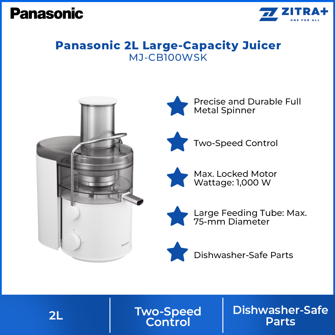 Panasonic 2L Large-Capacity Juicer MJ-CB100WSK | Two-Speed Control | Dishwasher-Safe Parts | Full Metal Spinner