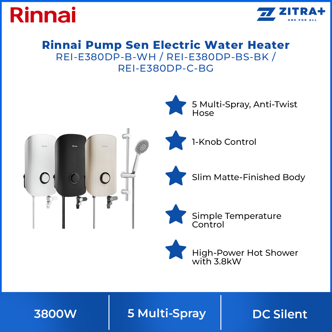 Rinnai 3800W DC Pump Sen Electric Water Heater REI-E380DP-B-WH/ REI-E380DP-BS-BK/ REI-E380DP-C-BG | 5 Multi-Spray, Anti-Twist Hose |1-Knob Control