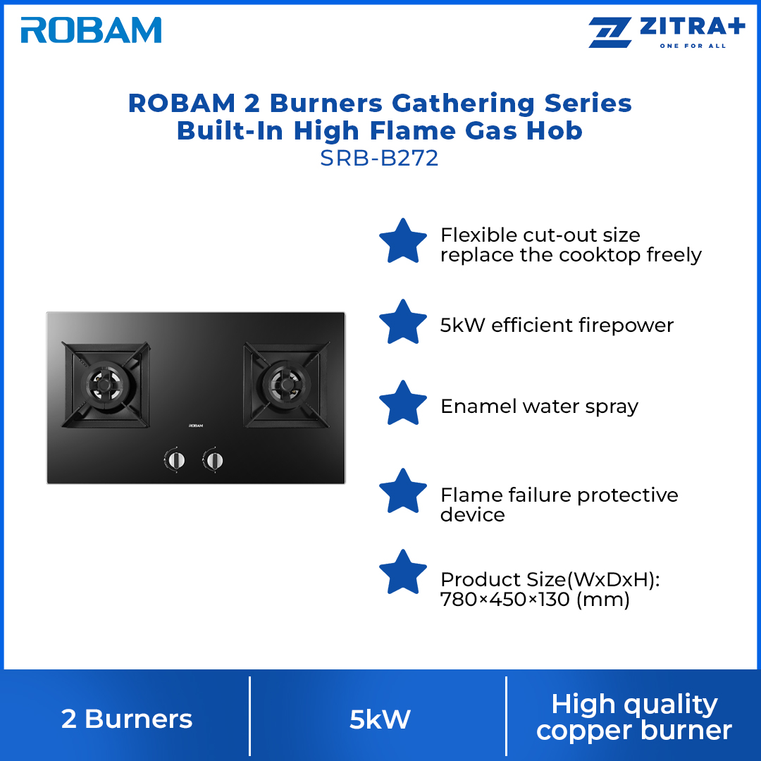 ROBAM 2 Burners Gathering Series Built-In High Flame Gas Hob SRB-B272 | Enamel Water Spray | Flame Failure Protective Device