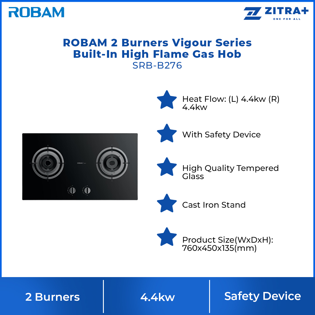 ROBAM 2 Burners Vigour Series Built-In High Flame Gas Hob Black SRB-B276 | With Safety Device | Cast Iron Stand | High Quality Tempered Glass