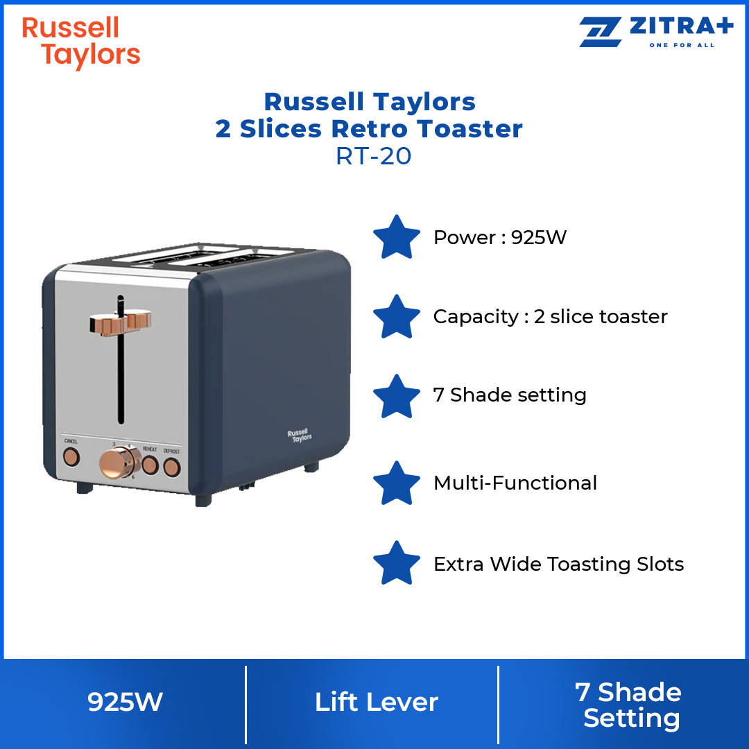Russell Taylors 2 Slices Retro Toaster RT-20 | Stainless Steel | 6-Shade Setting | Smart Toasting Options | Toaster with 2 Year Warranty