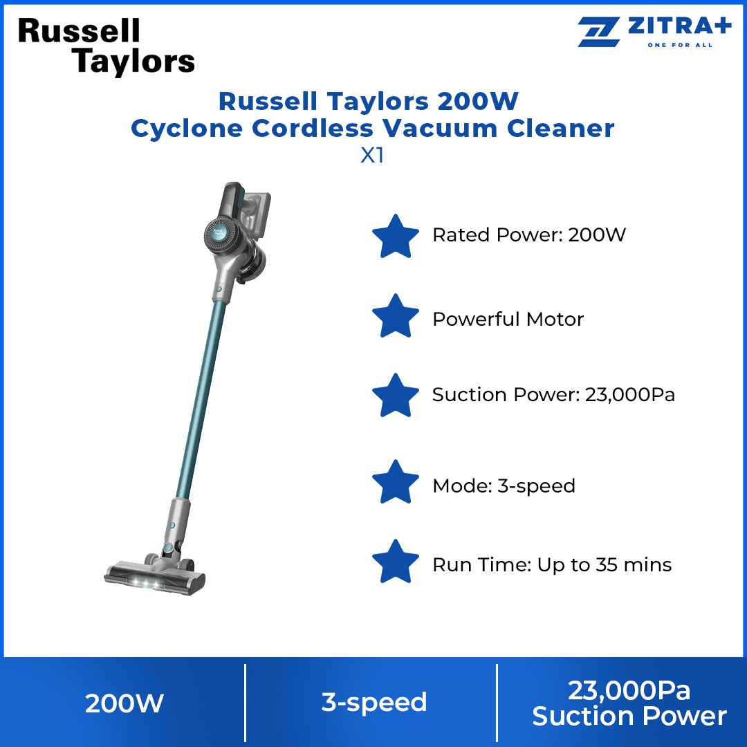 Russell Taylors 200W Cyclone Cordless Vacuum Cleaner X1 |  Powerful Motor | Suction Power: 23 kPa | Mode: 3-speed | 2 Year General Warranty