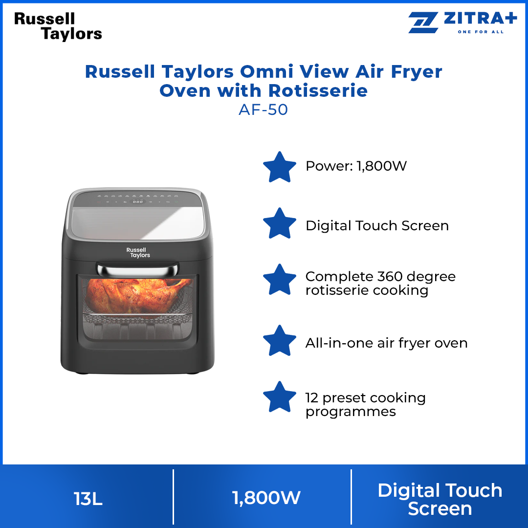 Russell Taylors 13L Omni View Air Fryer Oven with Rotisserie AF-50 | 1800W | Digital Touch Screen | 12 preset cooking programmes