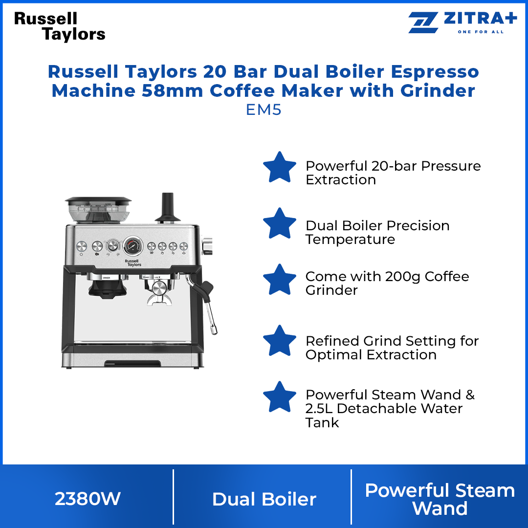 Russell Taylors 2380W 20 Bar Dual Boiler Espresso Machine 58mm Coffee Maker with Grinder EM5 | 200g Coffee Grinder | Dual Boiler | Powerful Steam