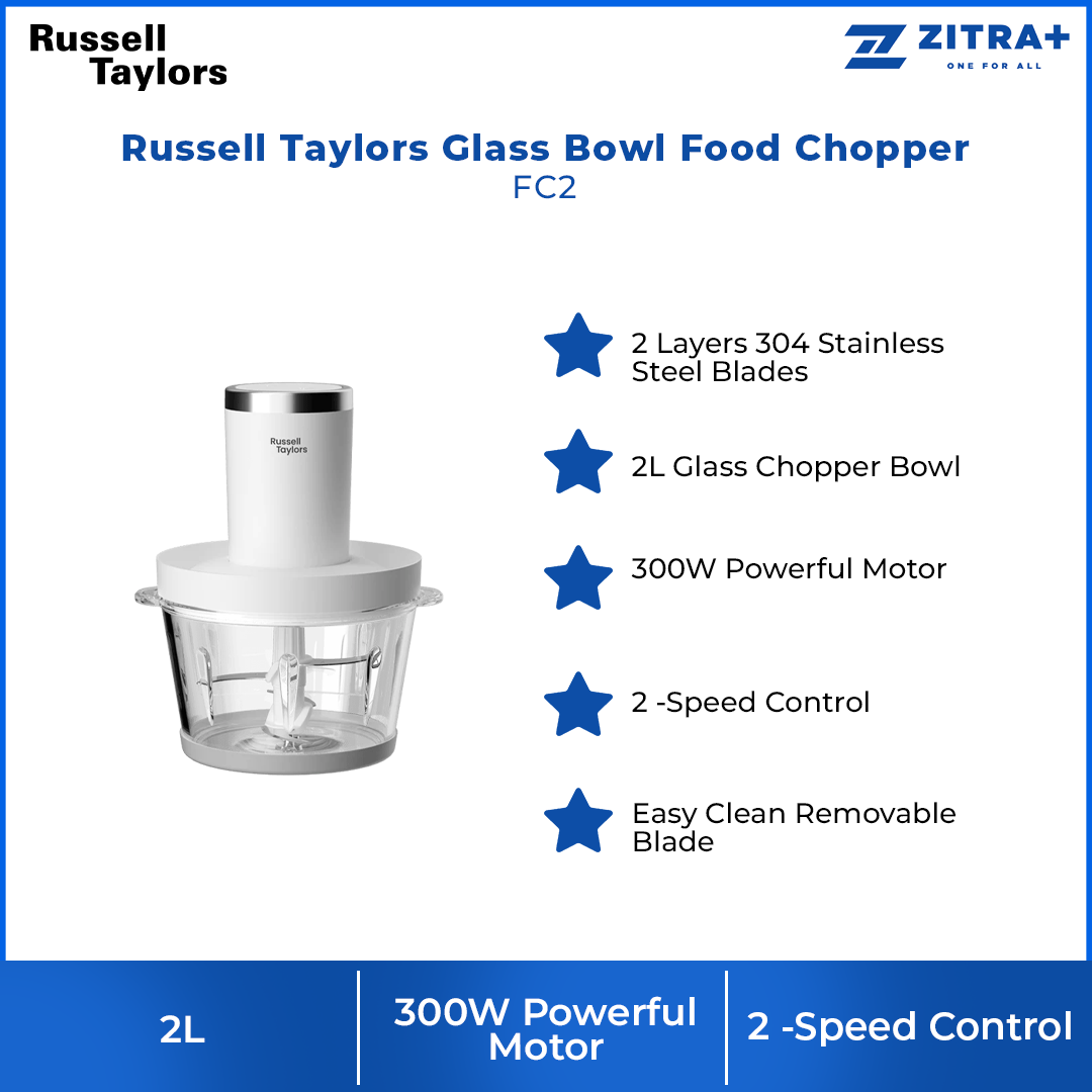 Russell Taylors 2L Glass Bowl Food Chopper FC2 | 2 Layers 304 Stainless Steel Blades | 2L Glass Chopper Bowl | 300W Powerful Motor | 2 -Speed Control
