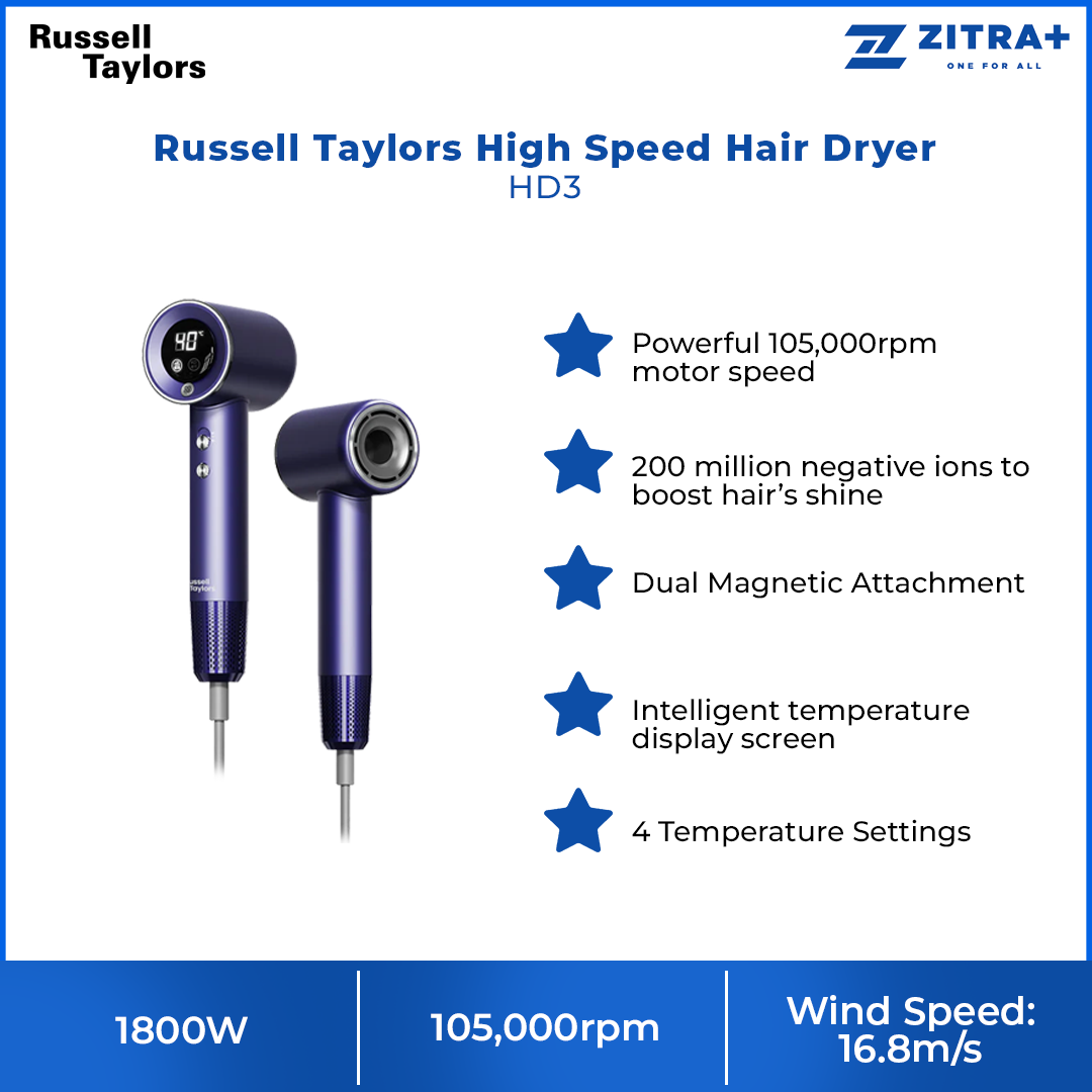 Russell Taylors 1800W High Speed Hair Dryer HD3 | 105,000 RPM | Dual Magnetic Attachment | 4 Temperature Settings | Wind Speed: 16.8m/s