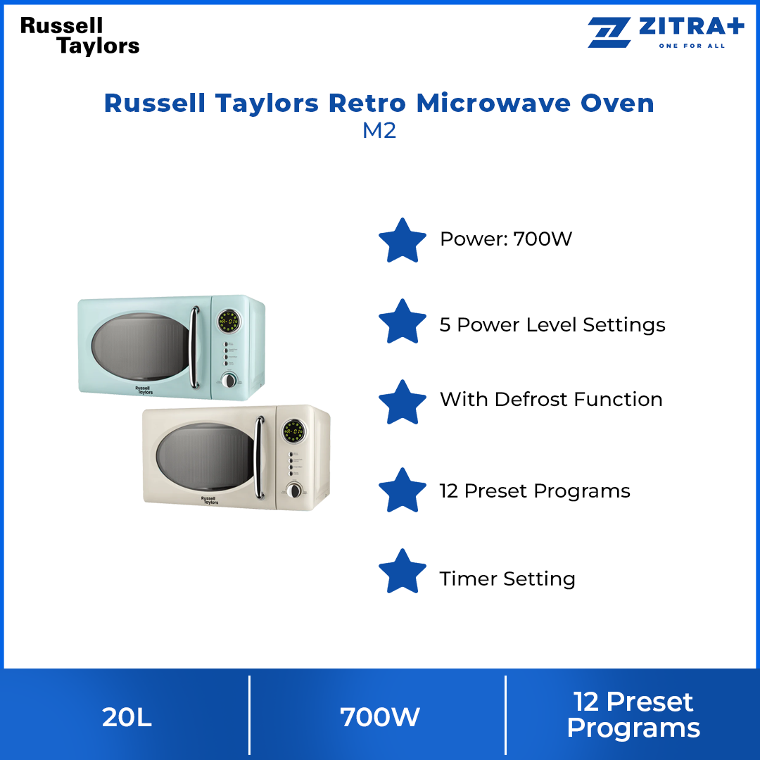 Russell Taylors 20L Retro Microwave Oven M2 | 12 Preset Programs | Quick Defrosting | Adjustable Power & Timer