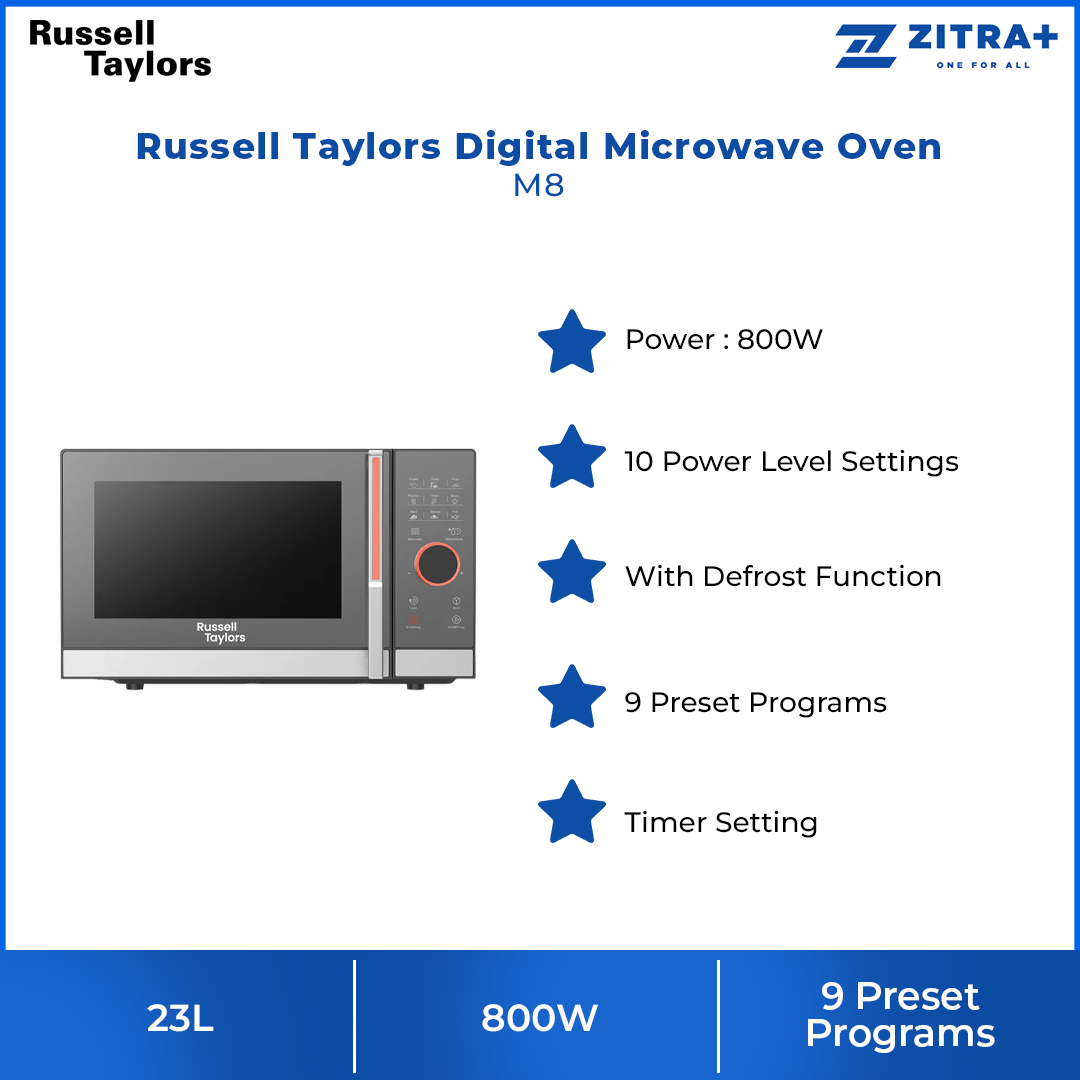 Russell Taylors 23L Digital Microwave Oven Gray M8 | 12 Preset Programs | Adjustable Power 10-level