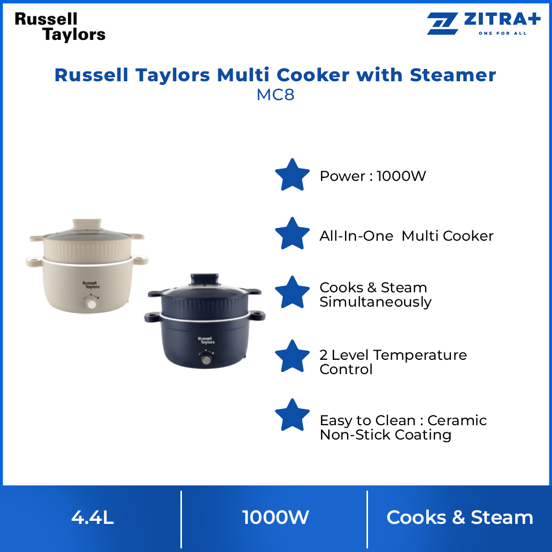 Russell Taylors 4.4L Multi Cooker with Steamer MC8 | 1000W | Compact Cooking Delight | Ceramic Non-Stick Coating