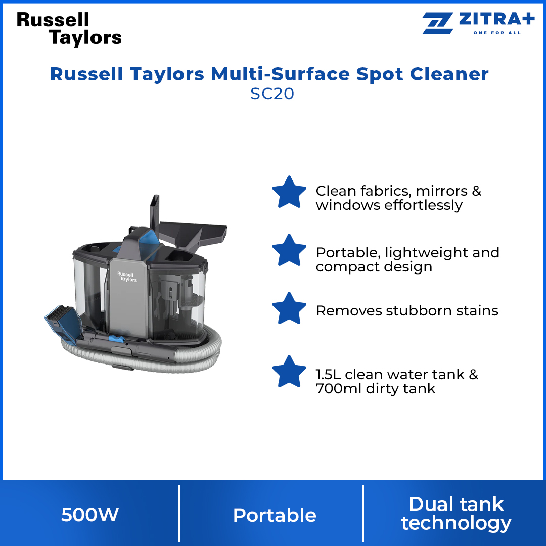 Russell Taylors 500W Multi-Surface Spot Cleaner SC20 | Clean fabrics, mirrors & windows | Portable, lightweight