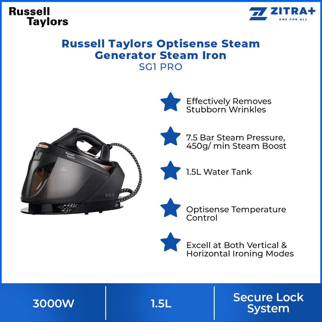 Russell Taylors 3000W Optisense Steam Generator Steam Iron SG1 PRO | Optisense Temperature Control | Secure Lock System