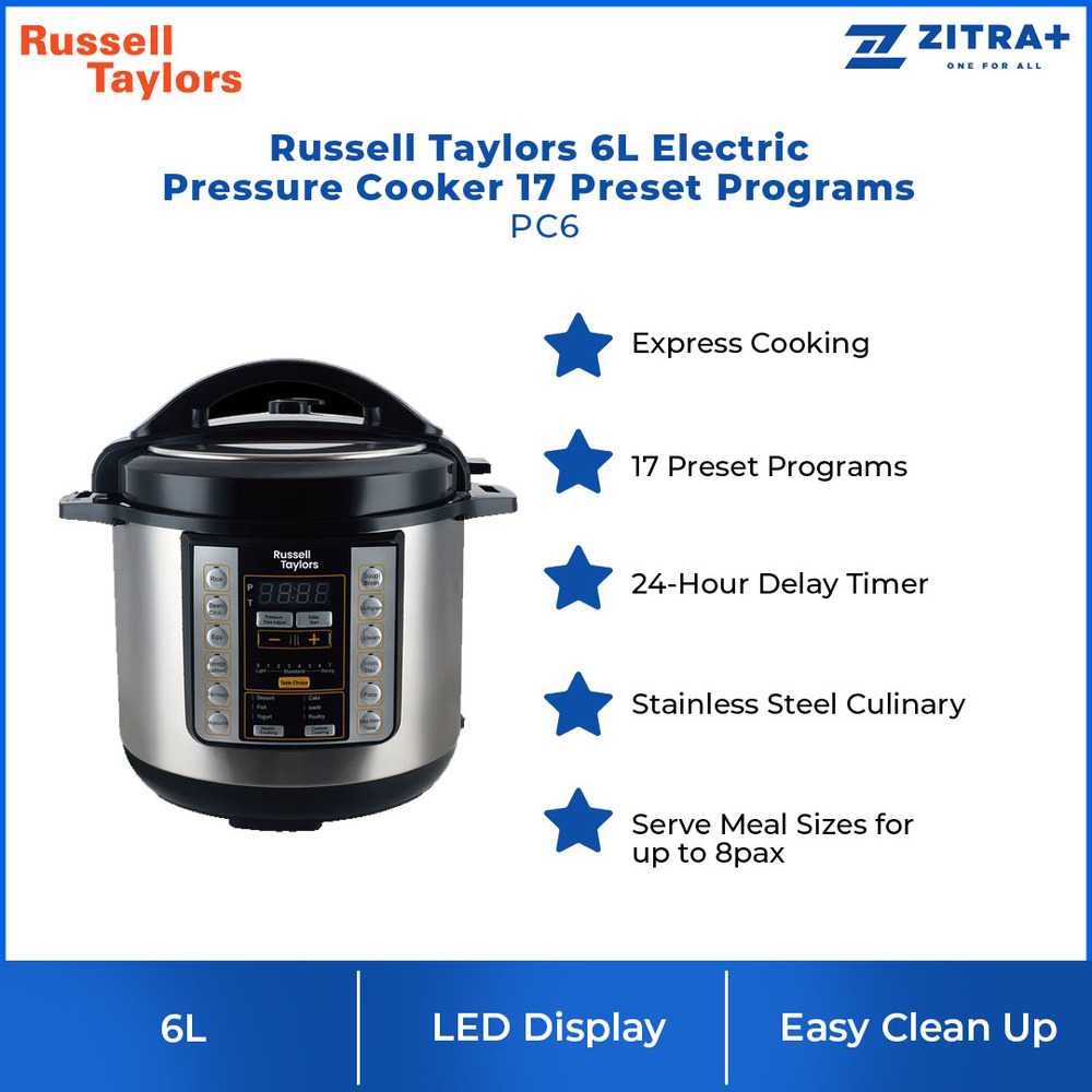 Russell Taylors 6L Electric Pressure Cooker 17 Preset Programs PC6 | 24-Hour Delay Timer |  Express Cooking | Stainless Steel Culinary | Pressure Cooker with 2 Years Warranty