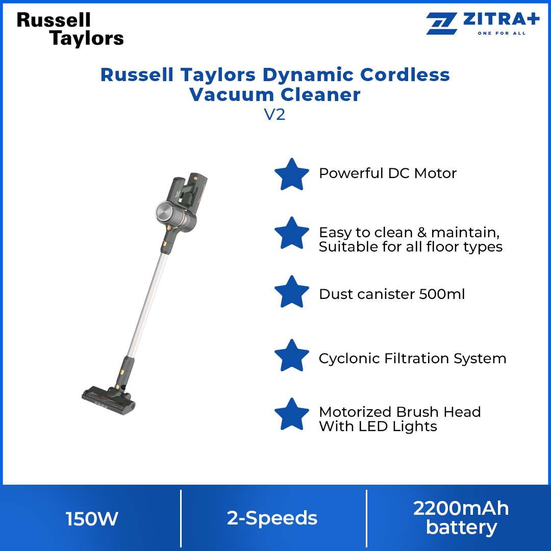 Russell Taylors 150W Dynamic Cordless Vacuum Cleaner V2 | Powerful DC Motor | 2-Speeds | Cyclonic Filtration System