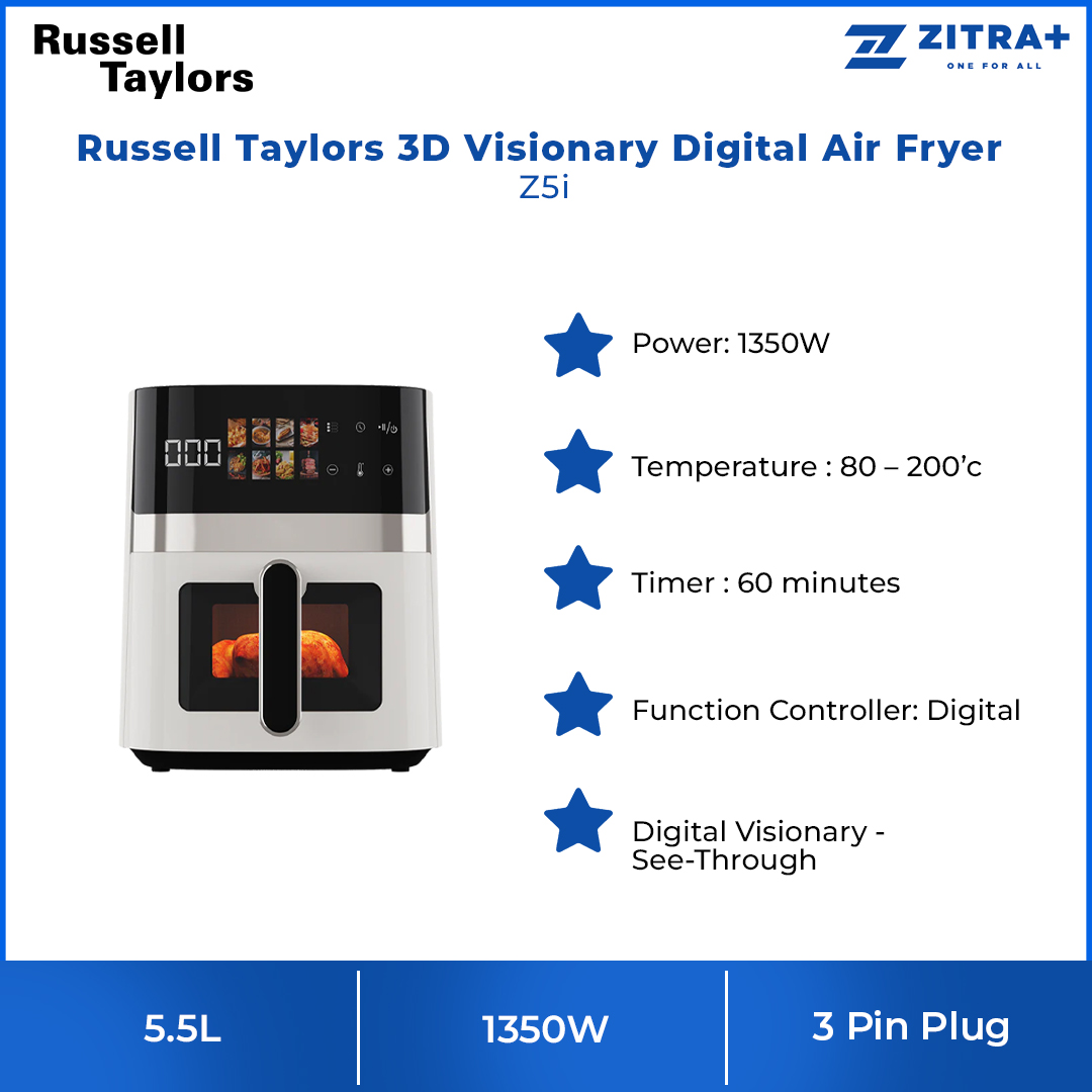 Russell Taylors 5.5L 3D Visionary Digital Air Fryer Z5i | 360° Rapid Air Circulation Technology | Digital Controller