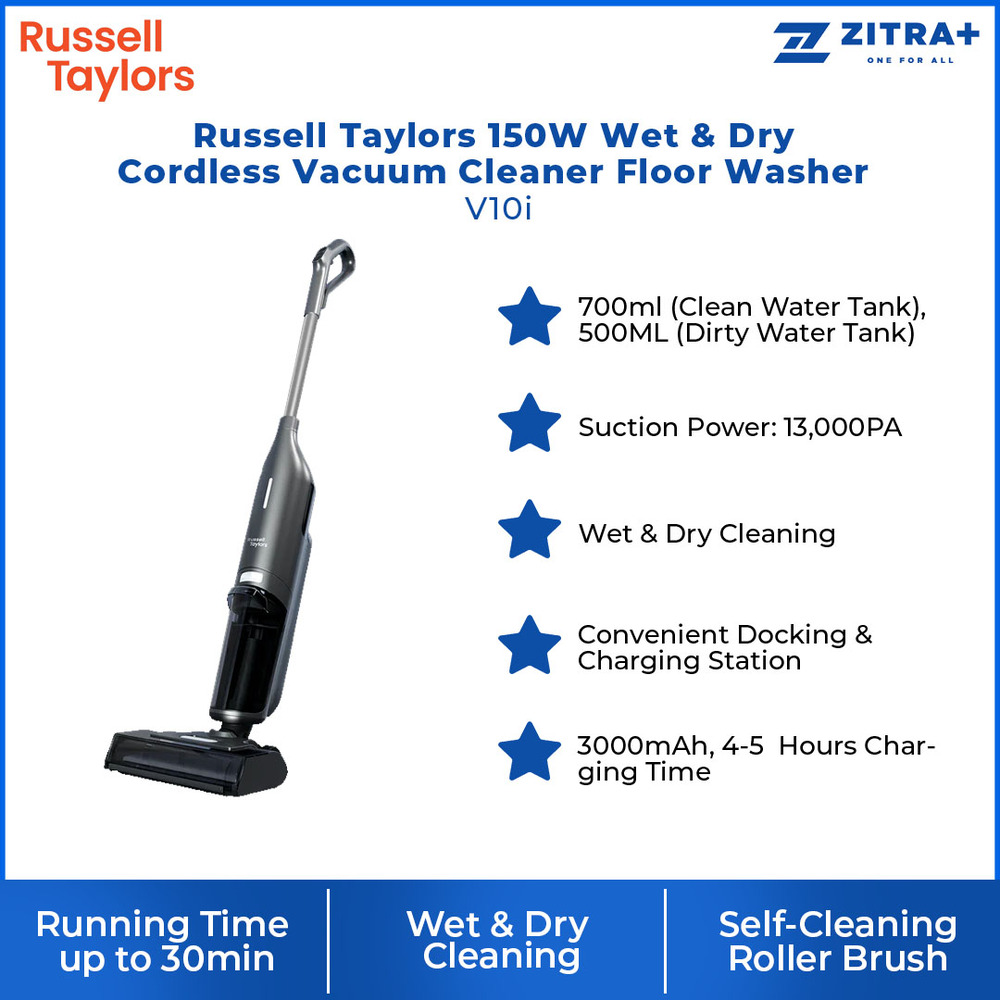 Russell Taylors 150W Wet & Dry Cordless Vacuum Cleaner Floor Washer V10i | 3000mAh | Convenient Docking & Charging Station | Self-Cleaning Roller Brush | Vacuum Cleaner with 2 Years Warranty