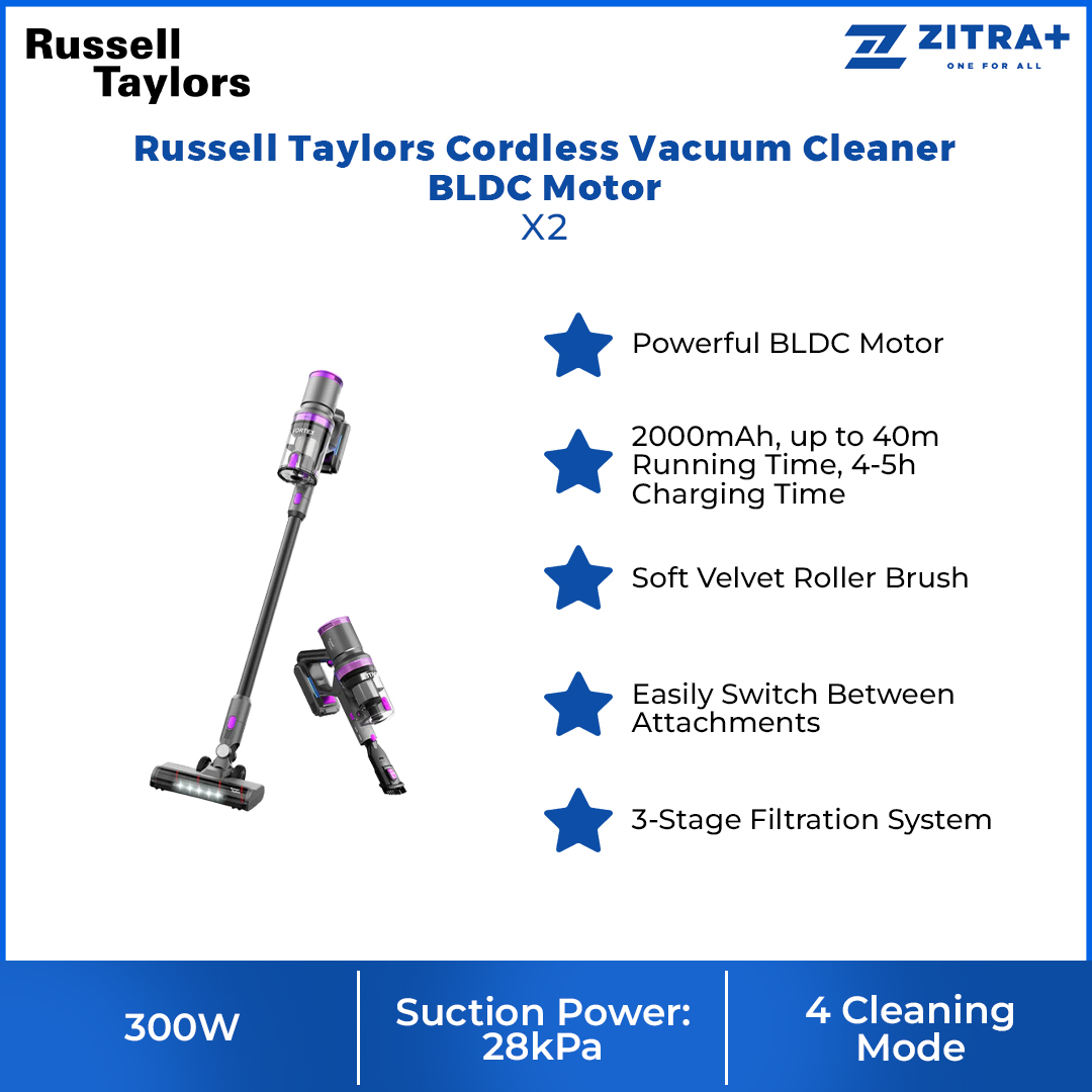 Russell Taylors 300W Cordless Vacuum Cleaner BLDC Motor X2 | Powerful BLDC Motor | 4 Cleaning Mode | Soft Velvet Roller Brush