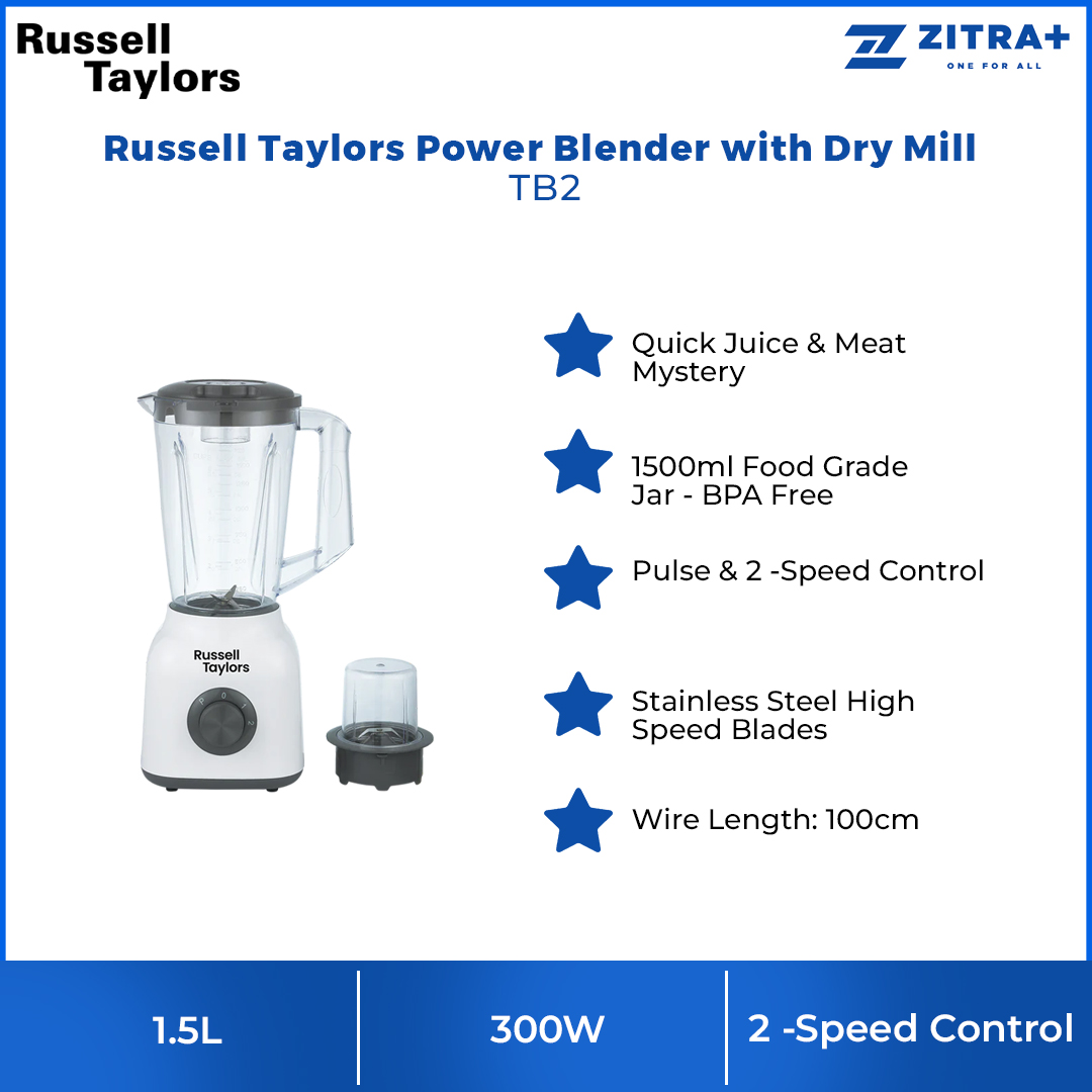 Russell Taylors 1.5L Power Blender with Dry Mill TB2 | Quick Juice & Meat Mystery | 1500ml Food Grade Jar | 300W Powerful Motor
