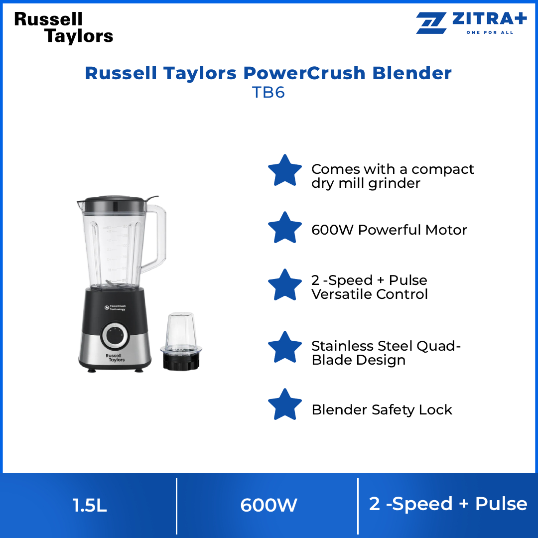 Russell Taylors 1.5L PowerCrush Blender TB6 |  Blender Safety Lock | 600W Motor | 2 -Speed + Pulse Versatile Control