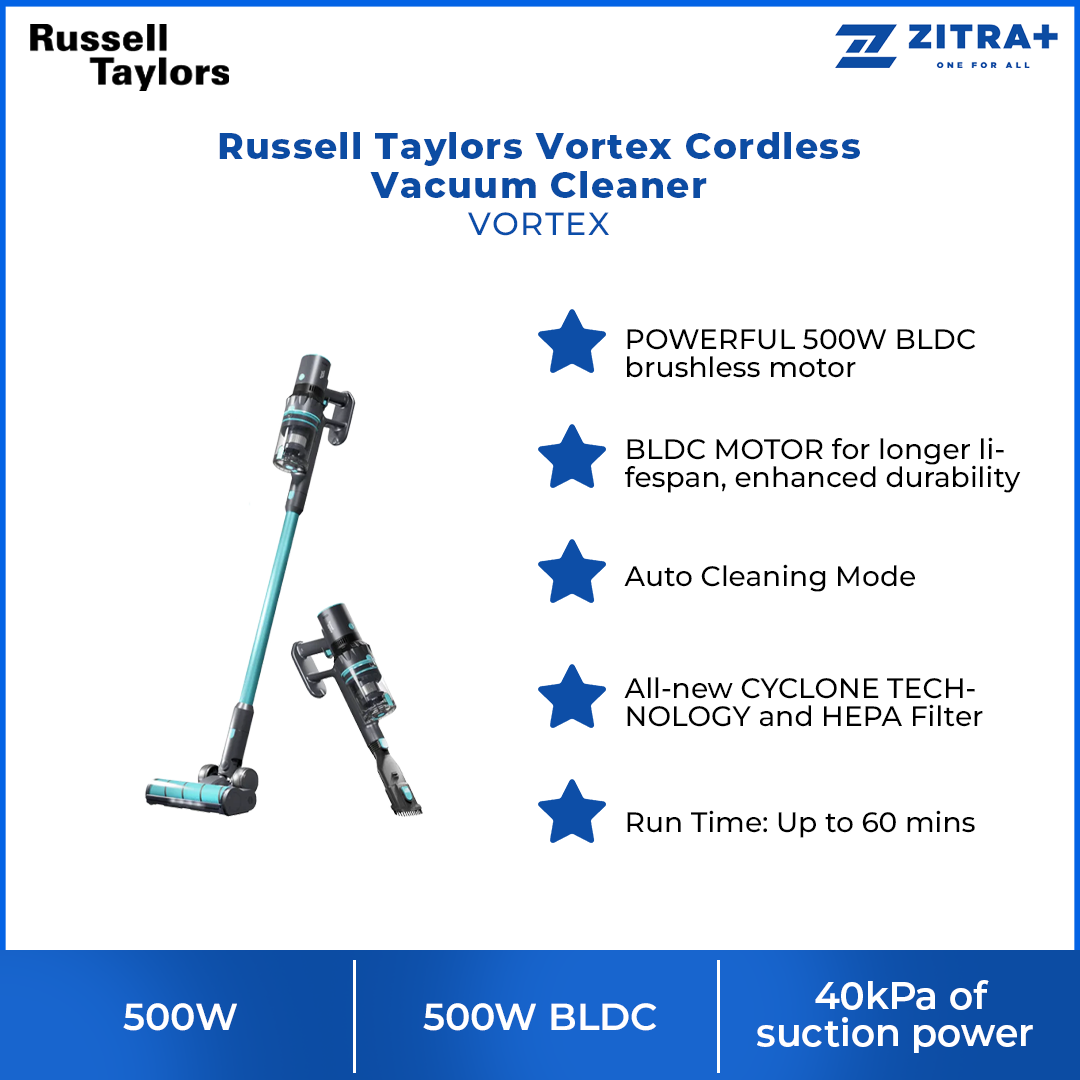 Russell Taylors 500W Vortex Cordless Vacuum Cleaner VORTEX | CycloneTechnology | Auto Cleaning Mode