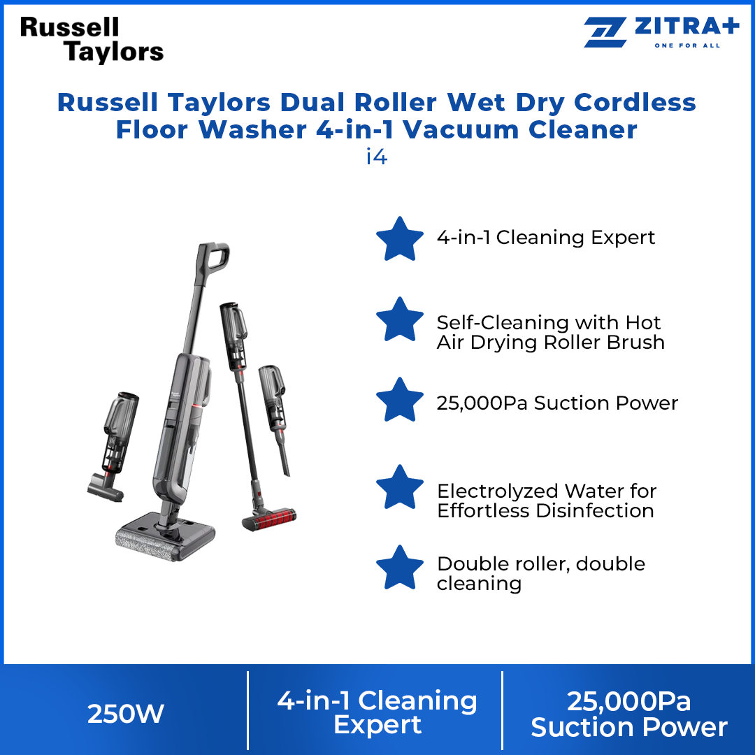 Russell Taylors 250W Dual Roller Wet Dry Cordless Floor i4 | 4-in-1 Cleaning Expert | Double roller | Double cleaning
