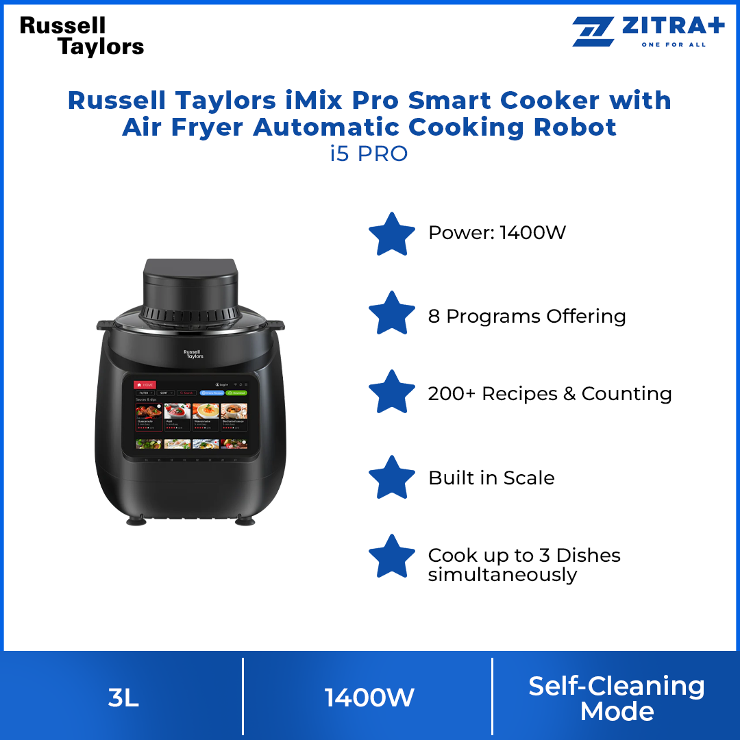 Russell Taylors 3L iMix Pro Smart Cooker with Air Fryer Automatic Cooking Robot i5 PRO | 1400W | 8 Programs Offering | 200+ Recipes | Self-Cleaning Mode