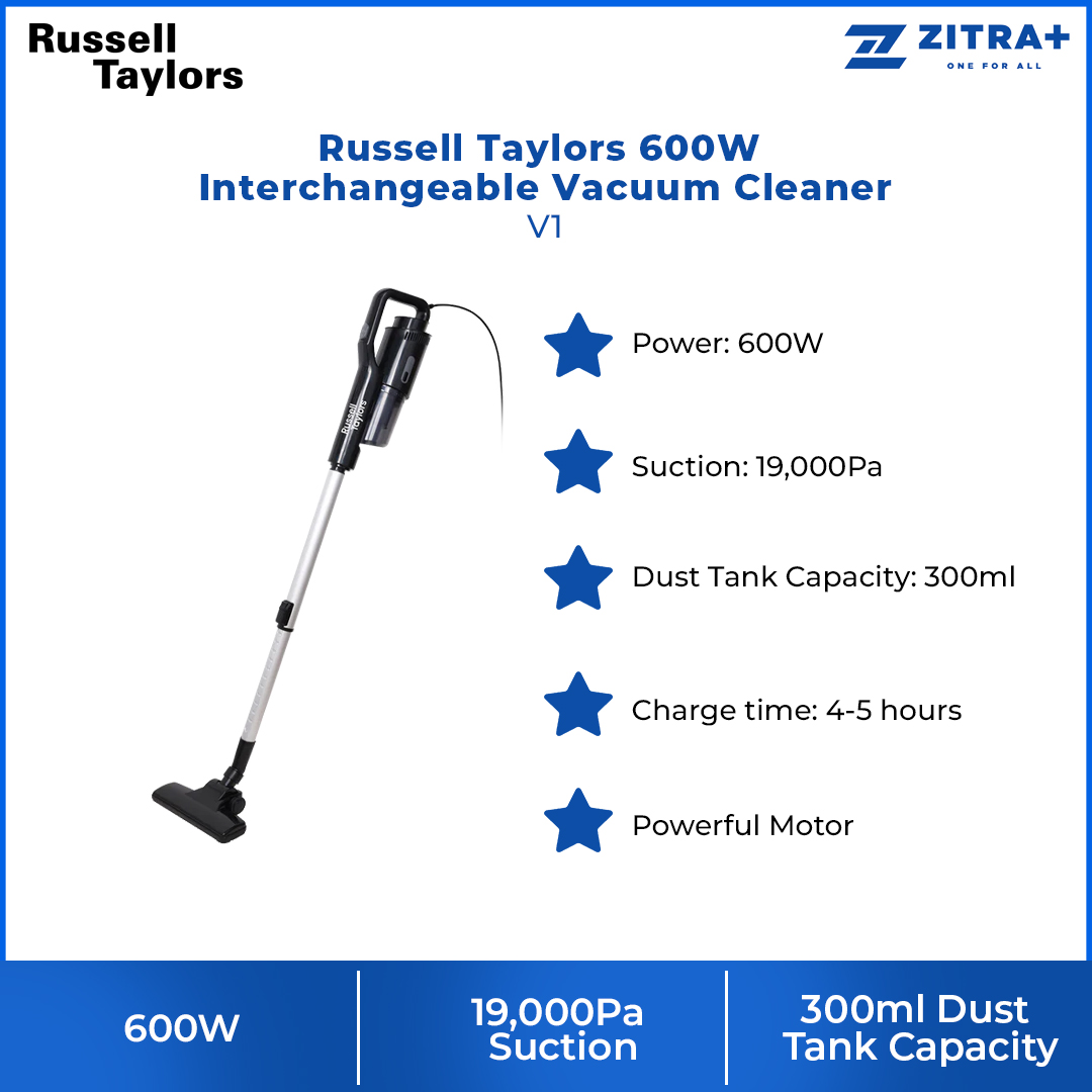 Russell Taylors 600W Interchangeable Vacuum Cleaner V1 | Power: 600W | Suction: 19,000Pa |  Dust Tank Capacity: 300ml | 2  Year General Warranty