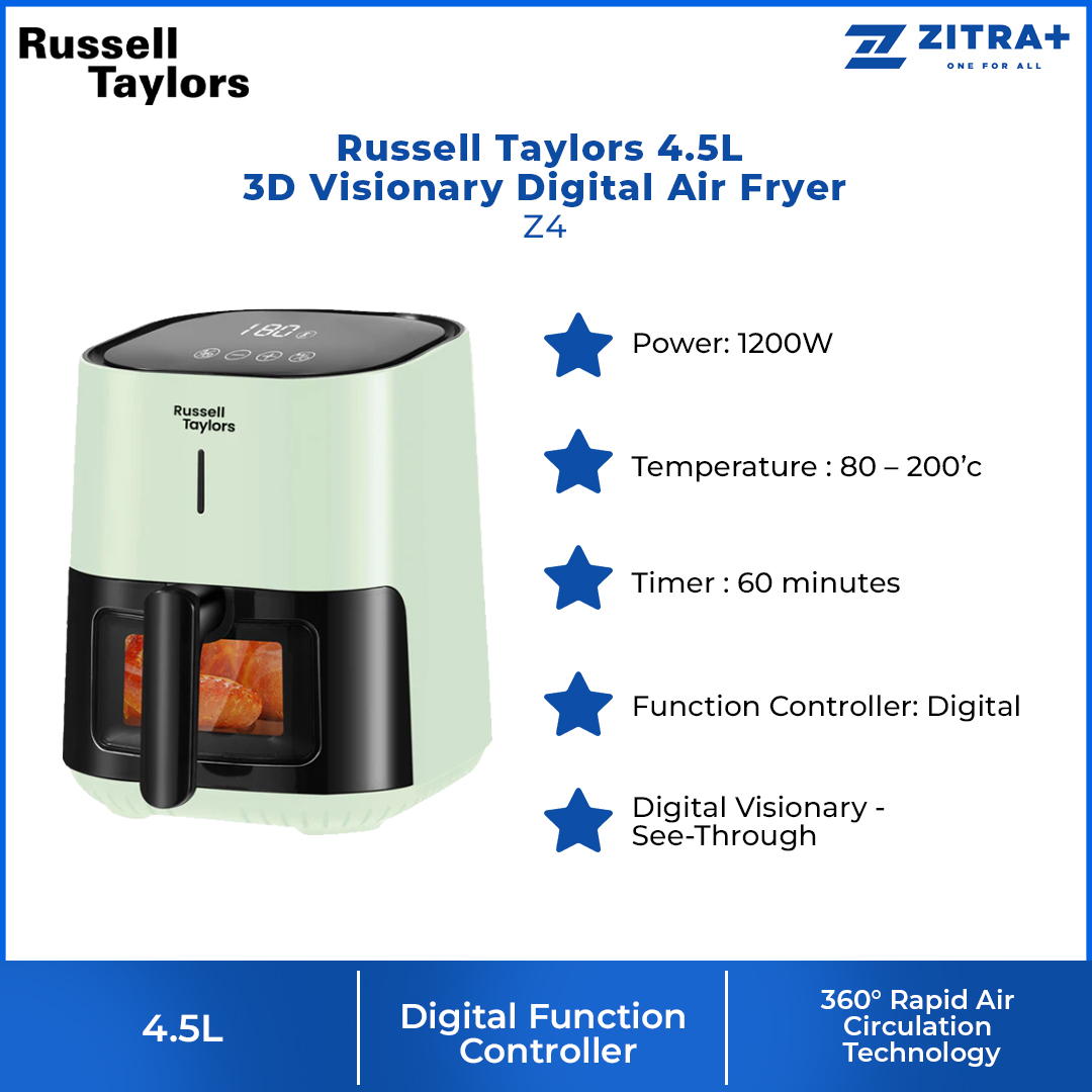 Russell Taylors 4.5L 3D Visionary Digital Air Fryer Z4 |  Function Controller  Digital | Plug 3 Pin Plug | Digital Visionary See-Through |  360° Rapid Air Circulation Technology | 2  Year General Warranty