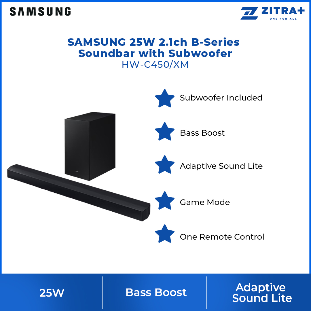 SAMSUNG 25W 2.1ch B-Series Soundbar with Subwoofer  HW-C450/XM | Subwoofer Included | Bass Boost | Adaptive Sound Lite | 1  Year General Warranty