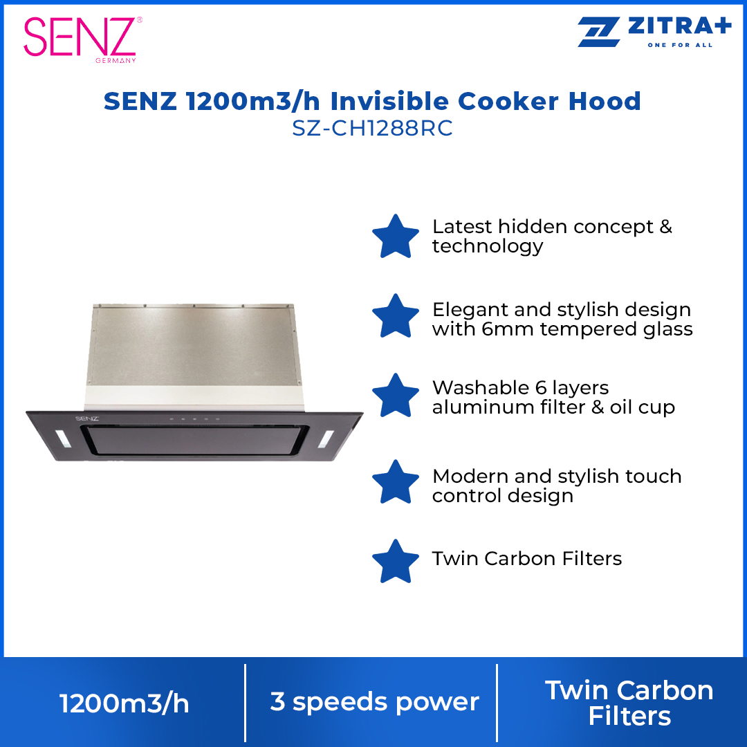 SENZ 1200m3/h Invisible Cooker Hood SZ-CH1288RC | 3 speeds power | Twin Carbon Filters | LED lights