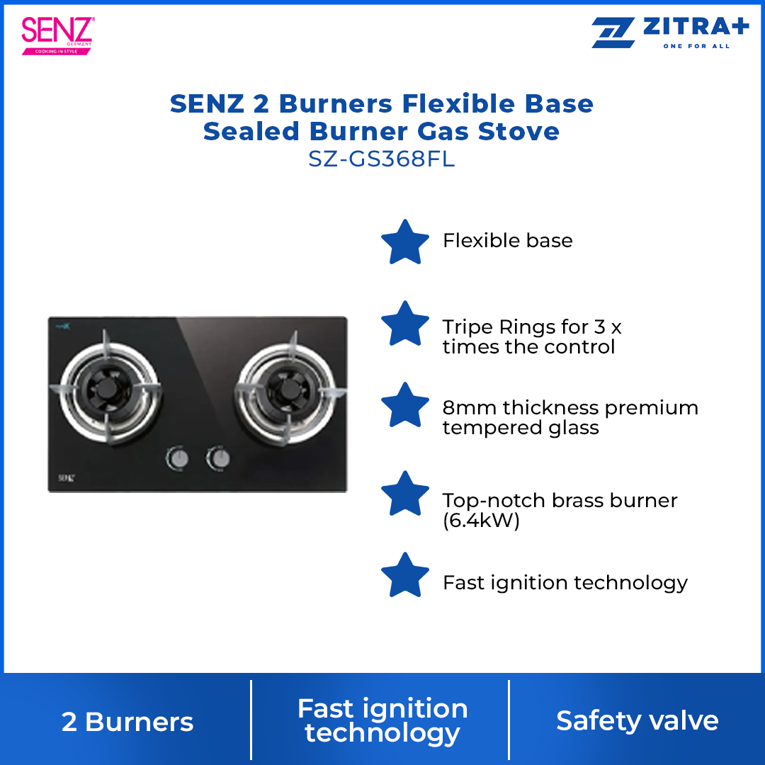 SENZ 2 Burners Gas Stove SZ-GS368FL / SZ-GS388 / SZ-GS3898 / SZ-GS6852FL / SZ-GS980FL | Battery operated auto-ignition | High quality tempered glass | Safety valve | Gas Stove with 1 Year Warranty