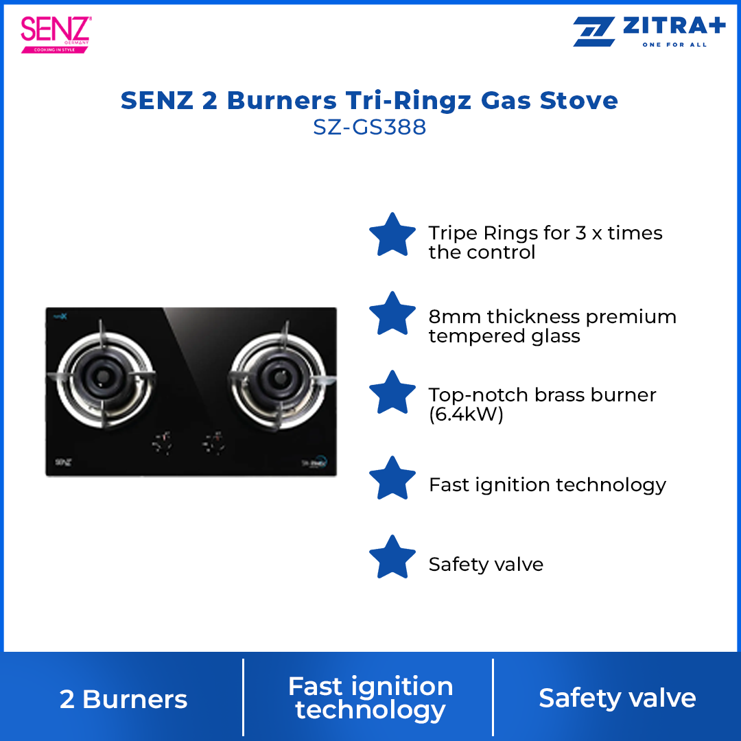 SENZ 2 Burners Gas Stove SZ-GS368FL / SZ-GS388 / SZ-GS3898 / SZ-GS6852FL / SZ-GS980FL | Battery operated auto-ignition | High quality tempered glass | Safety valve | Gas Stove with 1 Year Warranty