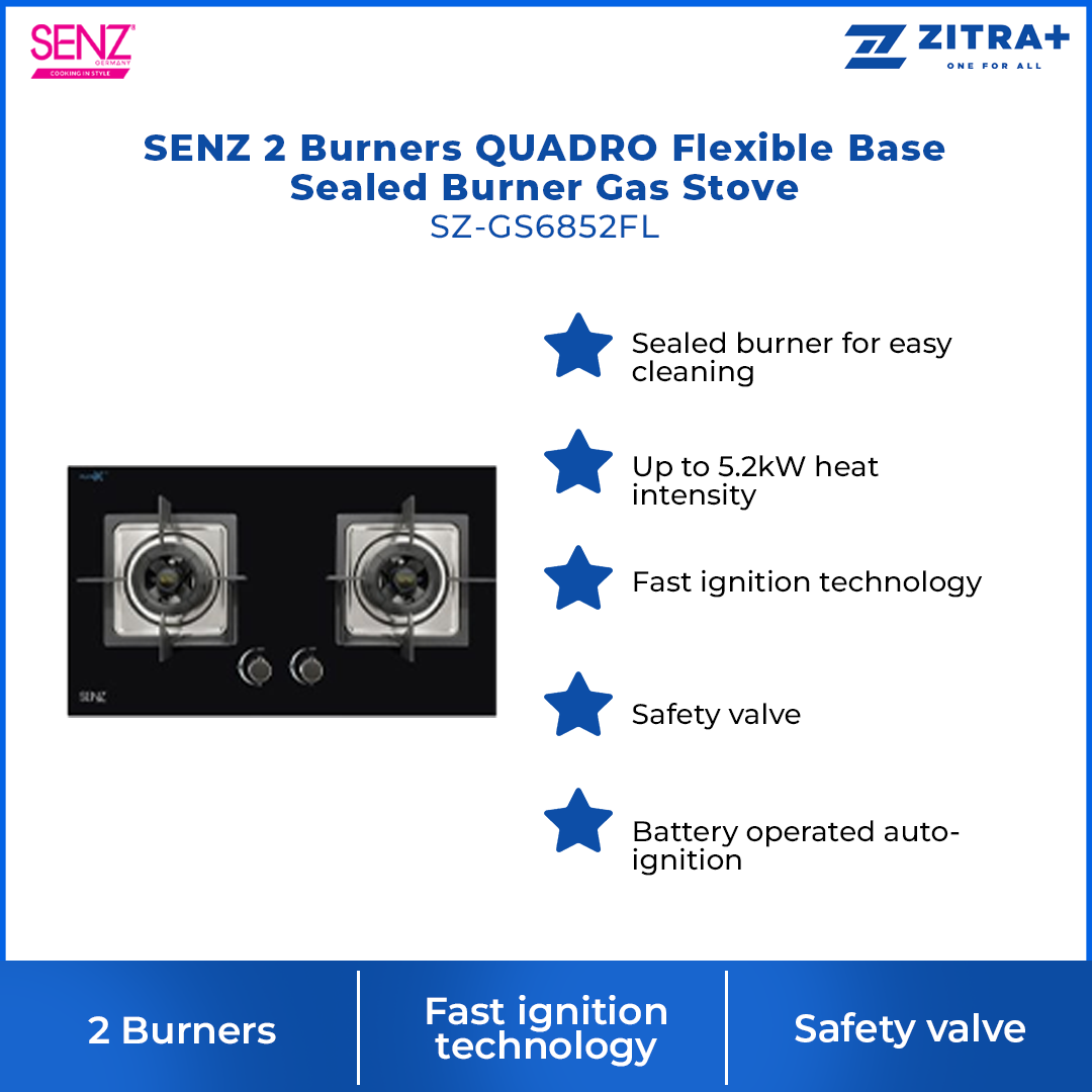 SENZ 2 Burners Gas Stove SZ-GS368FL / SZ-GS388 / SZ-GS3898 / SZ-GS6852FL / SZ-GS980FL | Battery operated auto-ignition | High quality tempered glass | Safety valve | Gas Stove with 1 Year Warranty