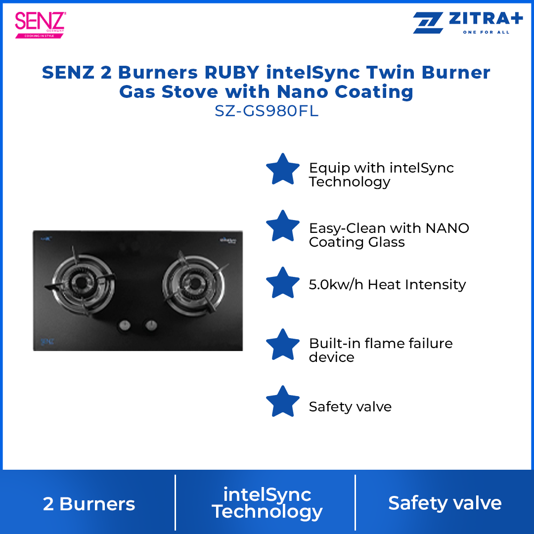 SENZ 2 Burners Gas Stove SZ-GS368FL / SZ-GS388 / SZ-GS3898 / SZ-GS6852FL / SZ-GS980FL | Battery operated auto-ignition | High quality tempered glass | Safety valve | Gas Stove with 1 Year Warranty