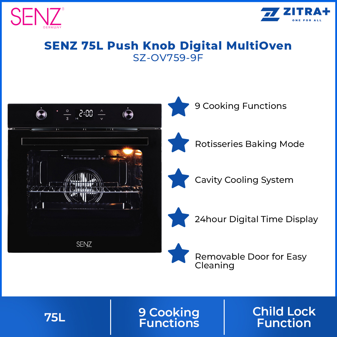 SENZ 75L Push Knob Digital MultiOven | SZ-OV759-9F | 9 Cooking Functions | Rotisseries Baking Mode | 24hour Digital Time Display
