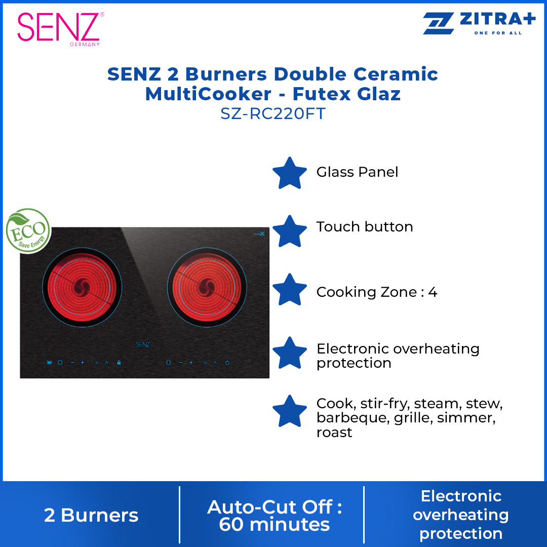SENZ 2 Burners Double Ceramic MultiCooker - Futex Glaz | SZ-RC220FT | Matte-finished surface | Electronic overheating protection | Auto-Cut Off