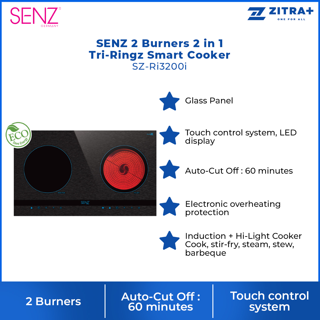SENZ 2 Burners 2 in 1 Tri-Ringz Smart Cooker | SZ-Ri3200i | Heat resistance ceramic glass | Auto-Cut Off | Electronic overheating protection