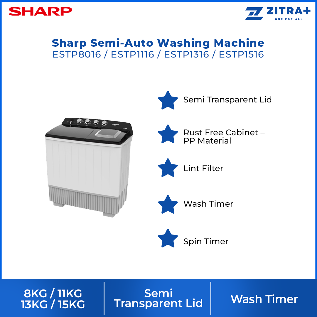 SHARP 8KG / 11KG / 13KG / 15KG SEMI AUTO WASHING MACHINE ESTP8016 / ESTP1116 / ESTP1316 / ESTP1516 | Lint Filter | Wash Timer | Spin Timer | Water Inlet Selector
