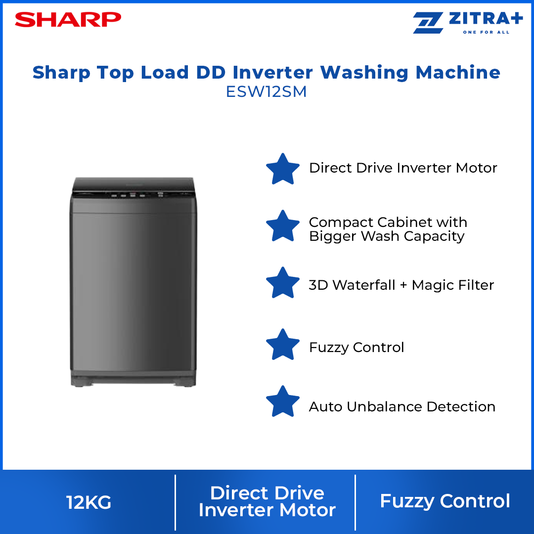Sharp 12KG Top Load DD Inverter Washing Machine ESW12SM | Direct Drive Inverter Motor | 3D Waterfall + Magic Filter | Fuzzy Control | Two Step Washing