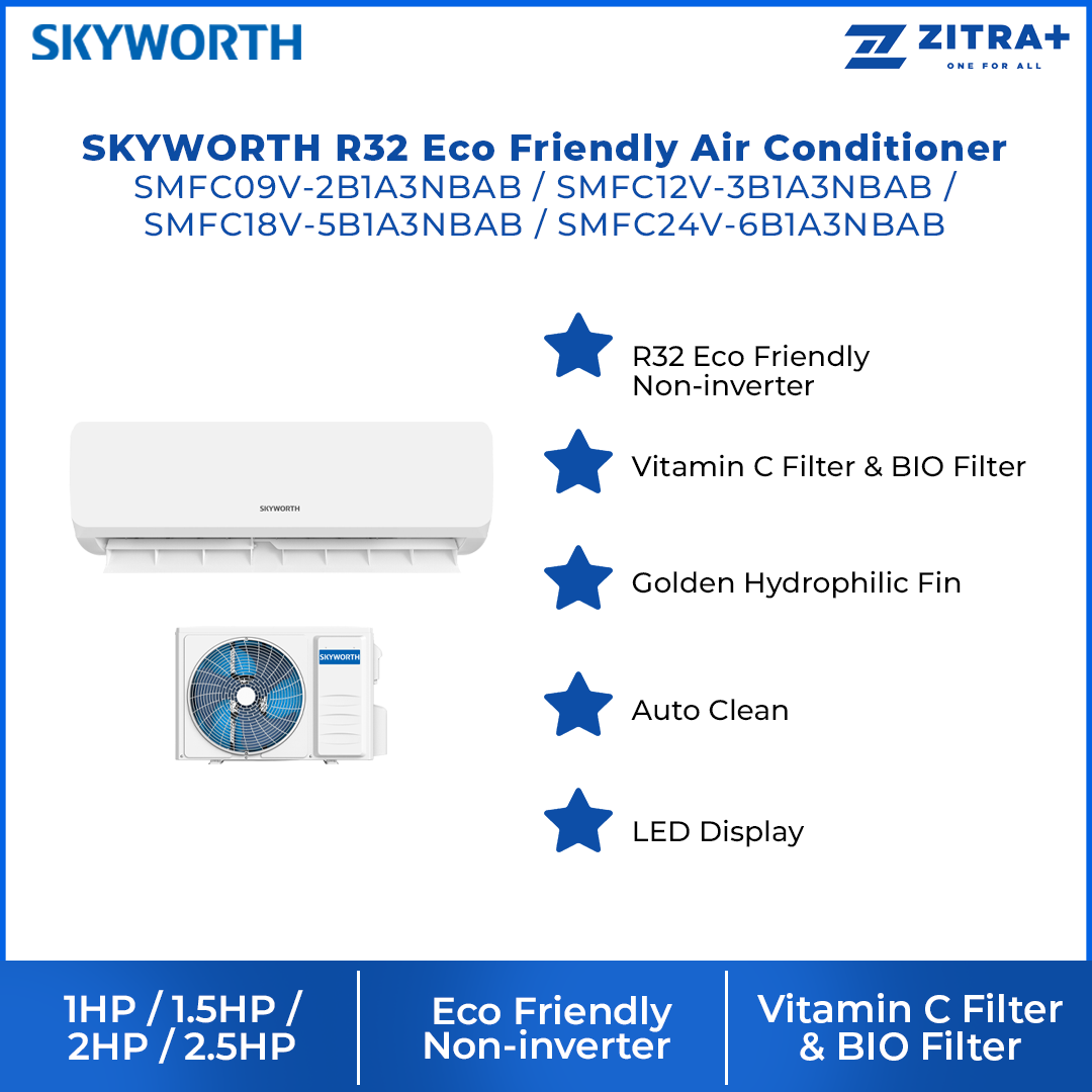 SKYWORTH R32 Eco Friendly Vitamin C & Bio Fresh Air Conditioner SMFC09V-2B1A3NBAB SMFC12V-3B1A3NBAB SMFC18V-5B1A3NBAB SMFC24V-6B1A3NBAB | BIO Filter | Vitamin C Filter
