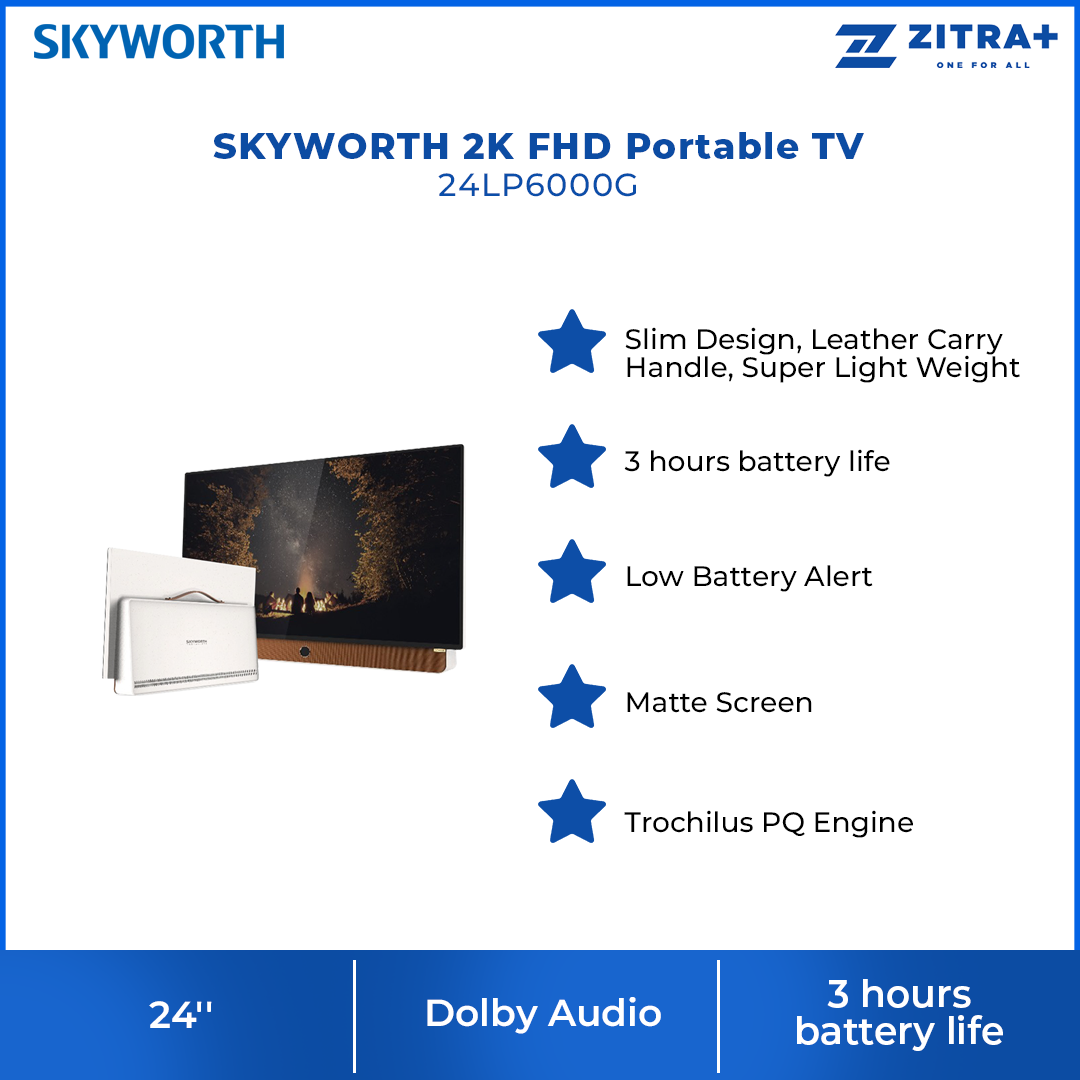 SKYWORTH 24'' 2K FHD Portable TV 24LP6000G | Slim Design, Leather Carry Handle, Super Light Weight | 3 hours battery life