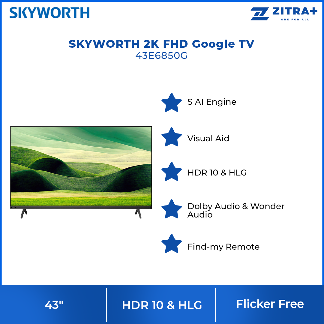 SKYWORTH 43" 2K FHD Google TV 43E6850G | S AI Engine | Visual Aid | HDR 10 & HLG | Dolby Audio & Wonder Audio